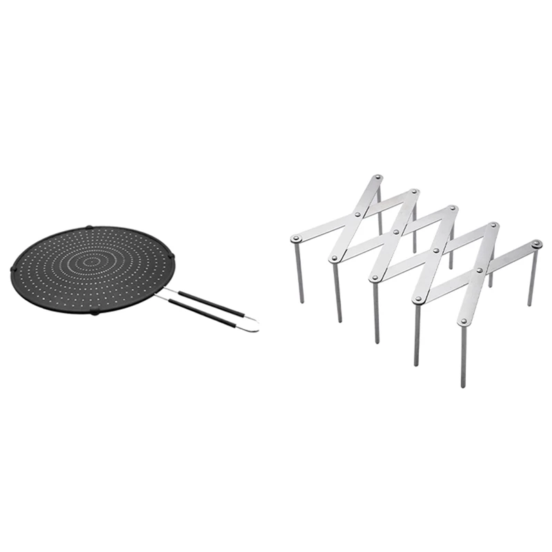 

Silicone Splatter Screen Guard Nonstick Oil Grease Pan & Kitchen Pot Lid Rack Stainless Steel Spoon Plate Holder