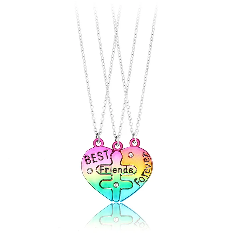 3Pcs/Set Best Friend Forever Necklace Colourful Heart Shaped Pendant Friendship BFF Necklace Jewelry Gift 2-color images - 6