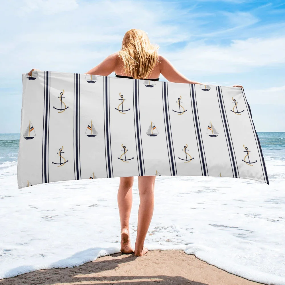 

Прямоугольное Белое быстросохнущее банное полотенце в полоску с якорем, летнее банное полотенце из микрофибры для взрослых