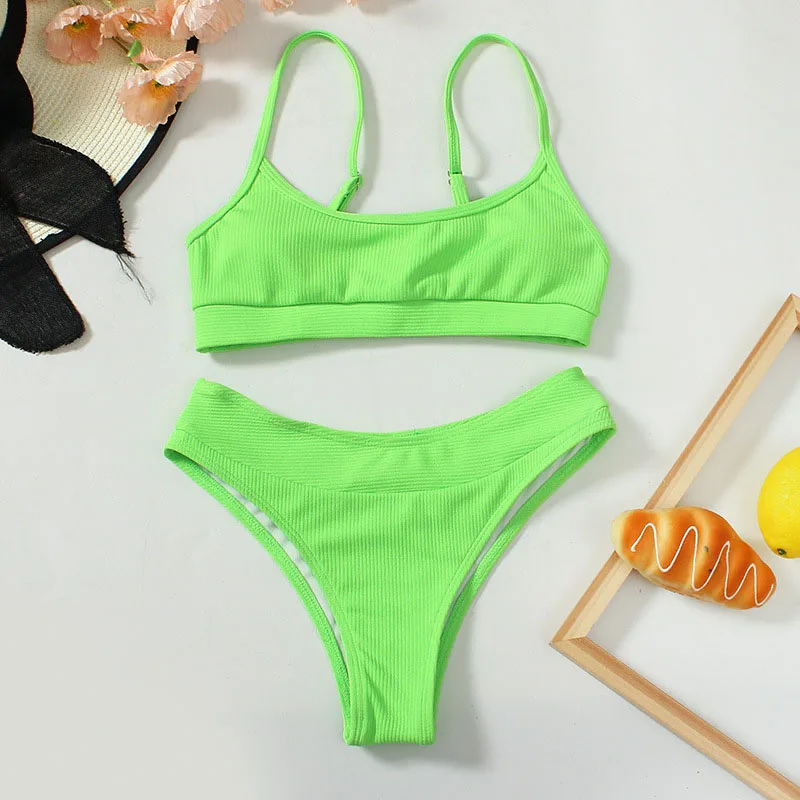 

Solid Ribbed Tank Bikini Set Women High Waist Swimwear 2022 New Sexy Neon Green Pink Swimsuit Biquini Bathing Suit