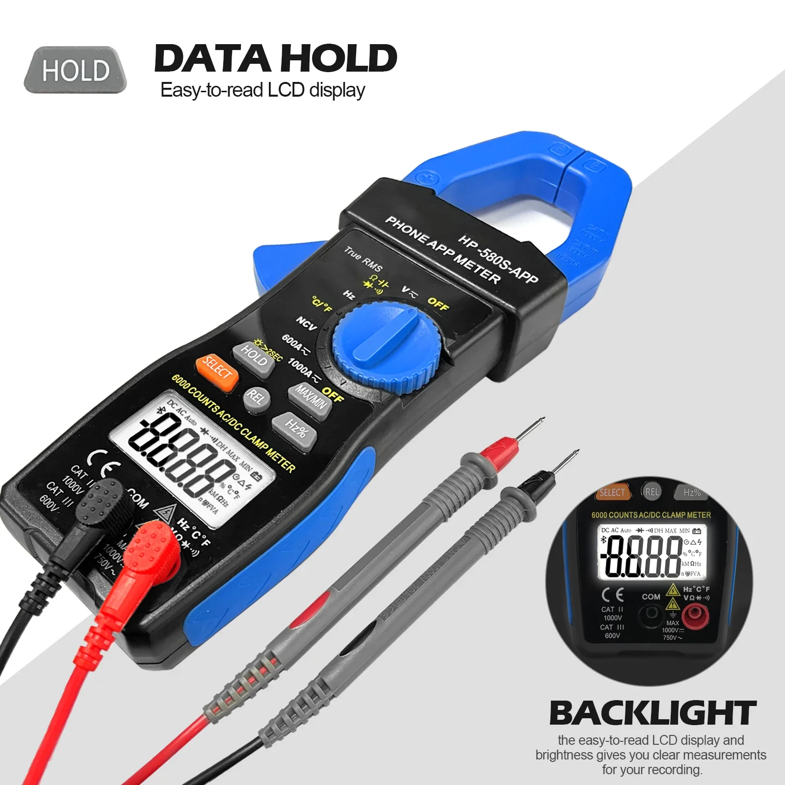 HoldPeak Φ Clamp Meter 6000 отсчетов с приложением для телефона True RMS тестер постоянного и