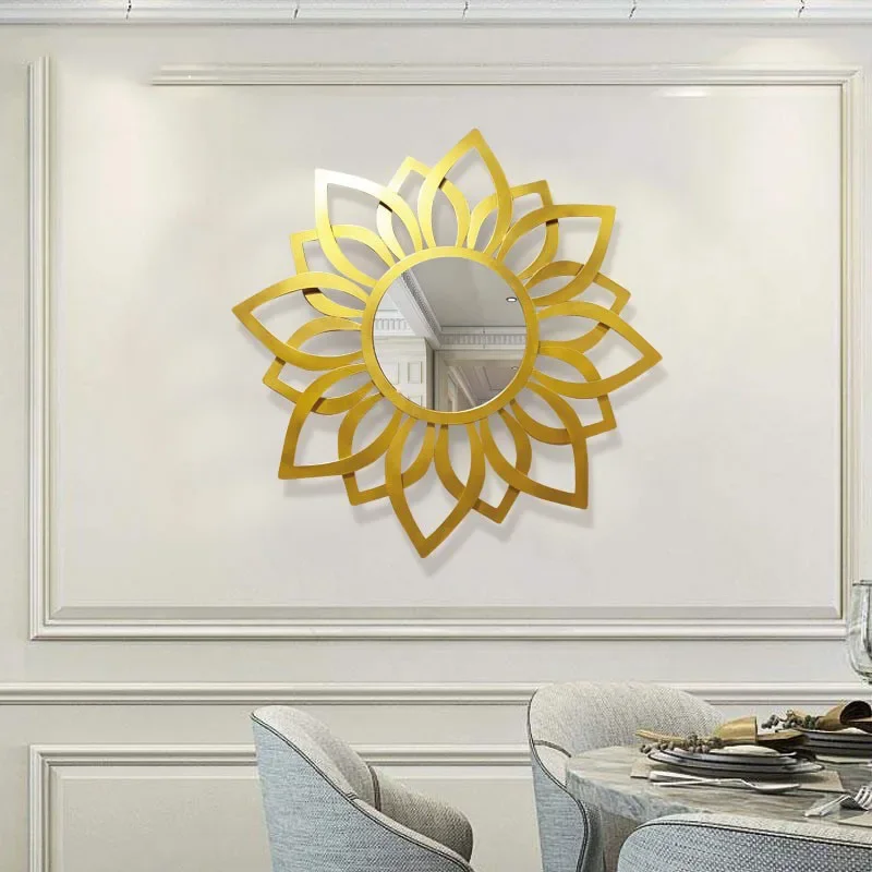 

Chinese Creative Metal Ornaments Round Mirror Wall Mural Wrought Iron Wall Hanging Golden Mirror Sun Flower Wall Decorations