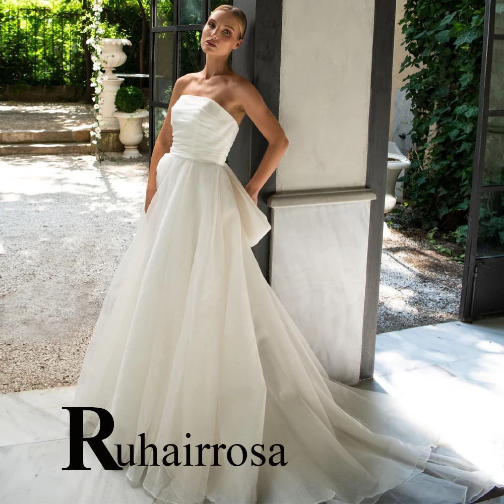 

Ruhair Simple Strapless Bow Sleeveless Backless Wedding Dresses Pleat For Women Appliques Lace Robe De Mariée Formal Brides Gown