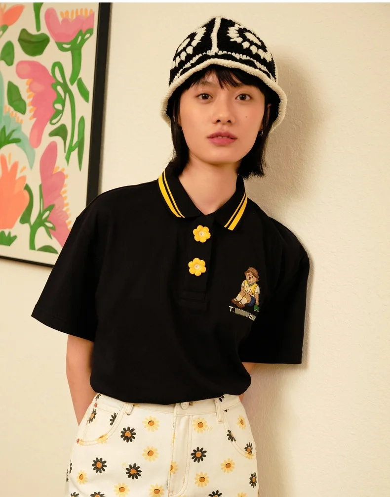 

Student Polo Neck Women Summer Tees T-Shirt Short Sleeves Floral Buttons Lady Crop Tops Pullovers Yellow Black Color
