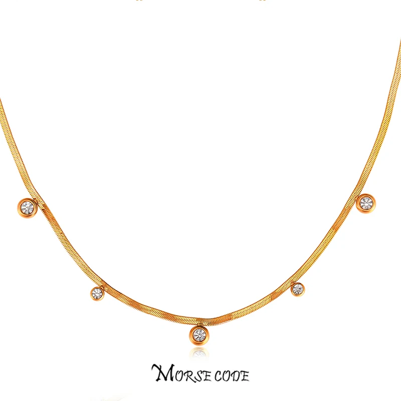 

MORSE CODE Stainless Steel Chain Necklace Zircon Hip Hop Metal Gold Color Geometric Punk Women Fashion Anniversary Accessories