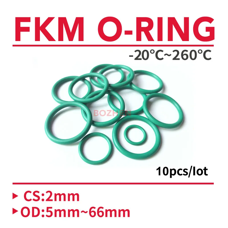 10pcs CS 2mm OD 5~60mm Green FKM Fluorine Rubber O Ring Sealing Gasket Insulation Oil High Temperature Resistance Green