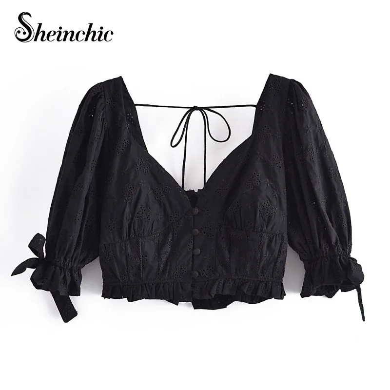 

Summer Clothes for Women 2022 Sexy V-neck Hollow Out Lace Crop Top Femme 2022 Elegant Ruffles White Black Tops Mujer
