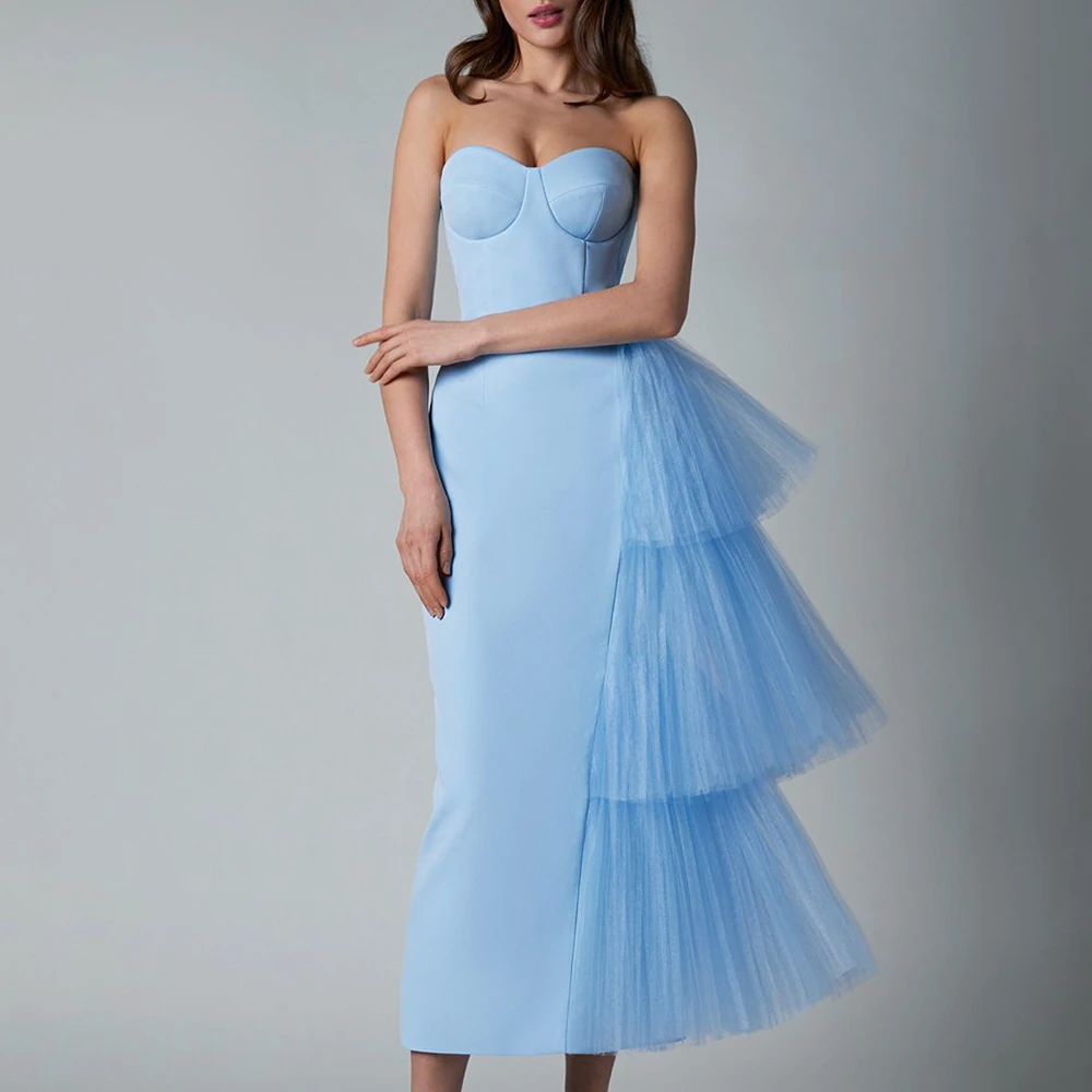 

Elegant Strapless Asymmetry Dress Women Sexy Backless Sleeveless Club Party Dresses Female Mesh Slim Split Dress Evening Vestido