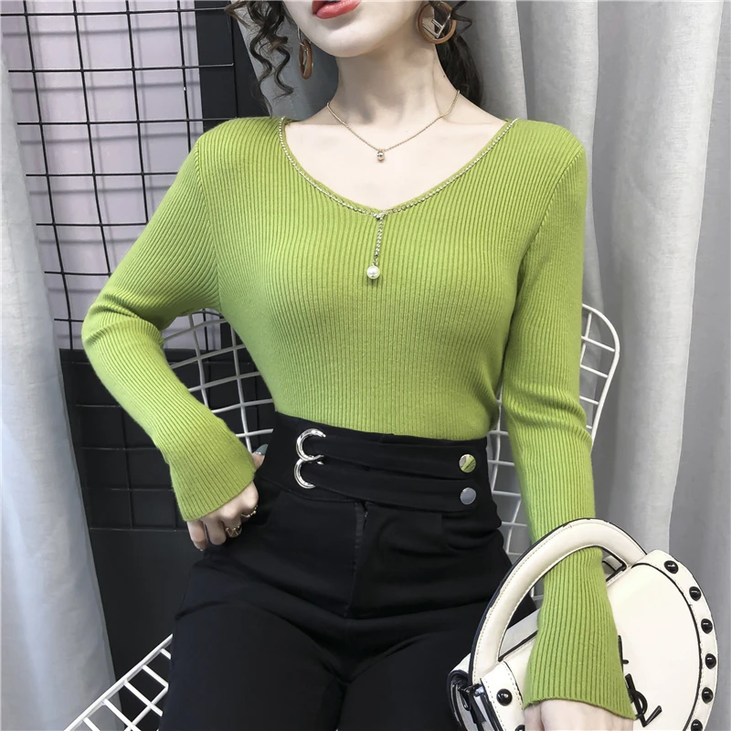 

Ladies New Fashion Tops 2022 Women V-neck Beading Basics Sweater Girls Spring Autumn Casual Female OL Cute Woman Pullover 2