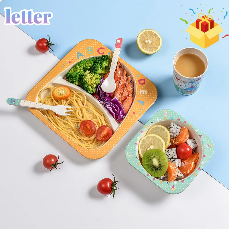 

5 pieces of cartoon bamboo fiber feeding tableware dinner set tableware plate and bowl baby tableware spoon