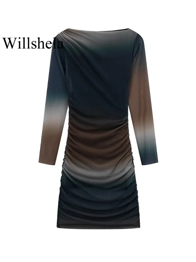 

Willshela Women Fashion Tulle Printed Pleated Tight Mini Dress Vintage O-Neck Long Sleeves Female Chic Lady Dresses