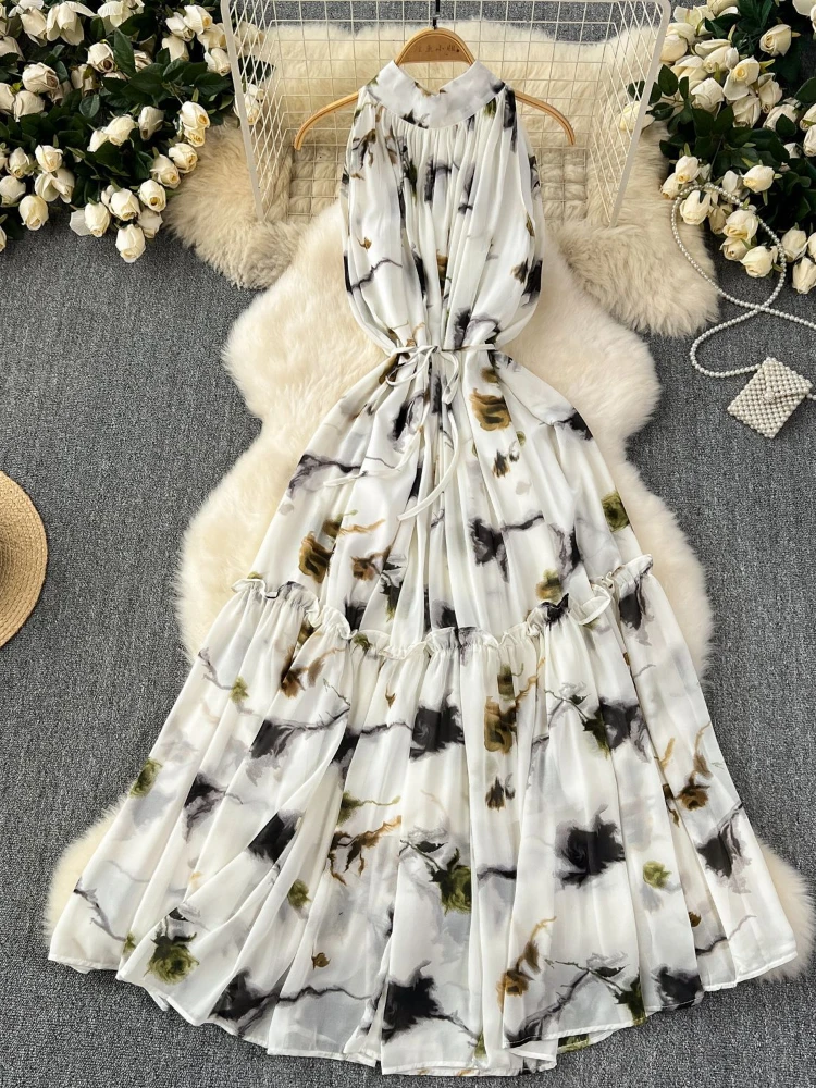 Платье женское шифоновое ТРАПЕЦИЕВИДНОЕ с цветочным принтом без рукавов