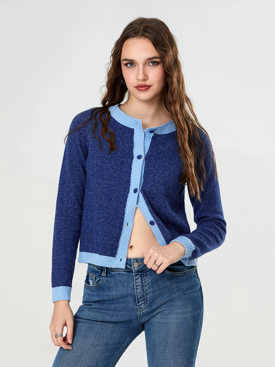 Womens Knit Cardigan Contrast Trim Crew Neck Long Sleeve Button Down Sweater Casual Streetwear