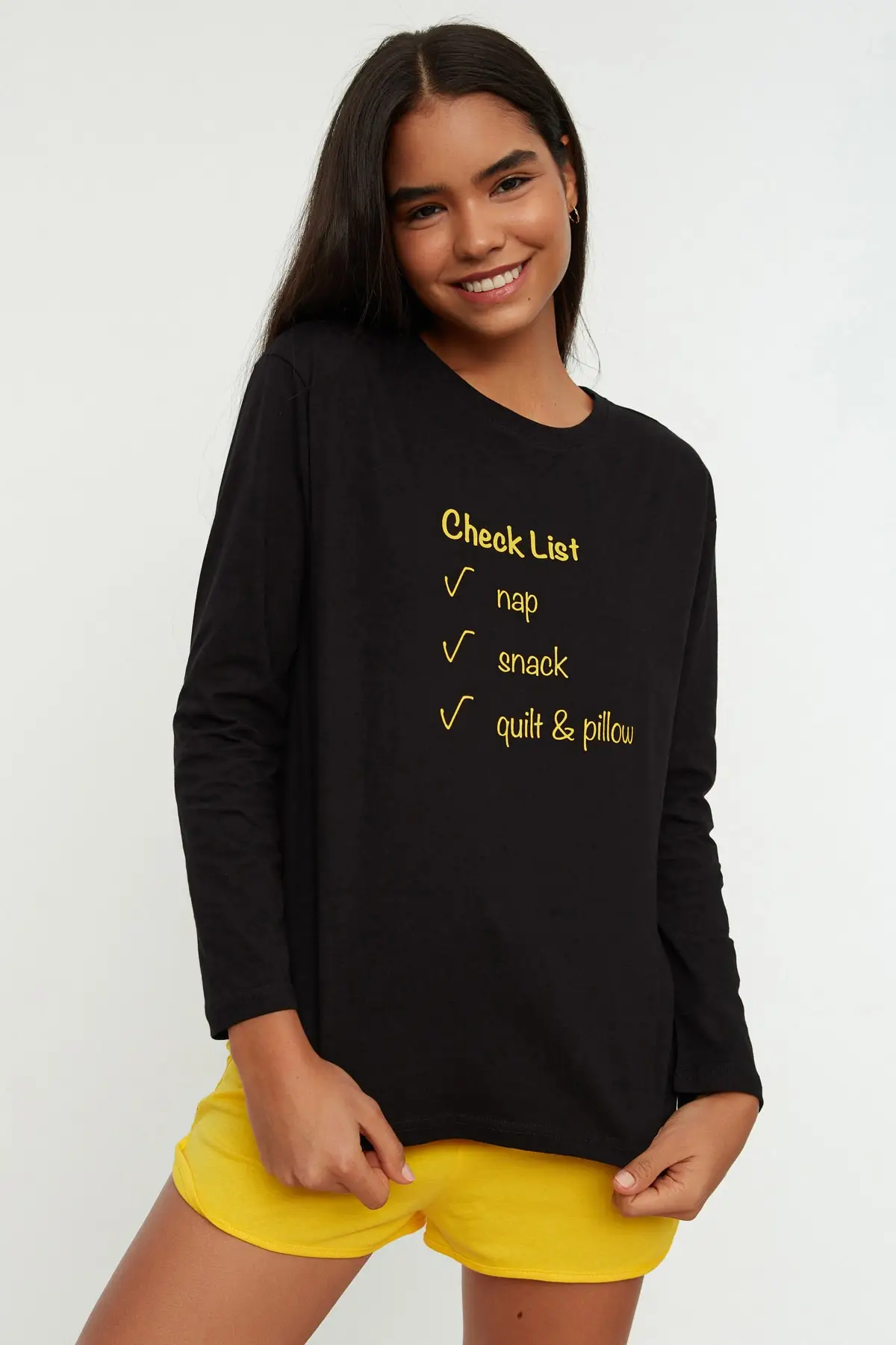 

Women's Pajamas Yellow Slogan Printed Knitted Sleep Lounge Pajamas Nightwear Sleepwear Night Suit Casual Home Clothing