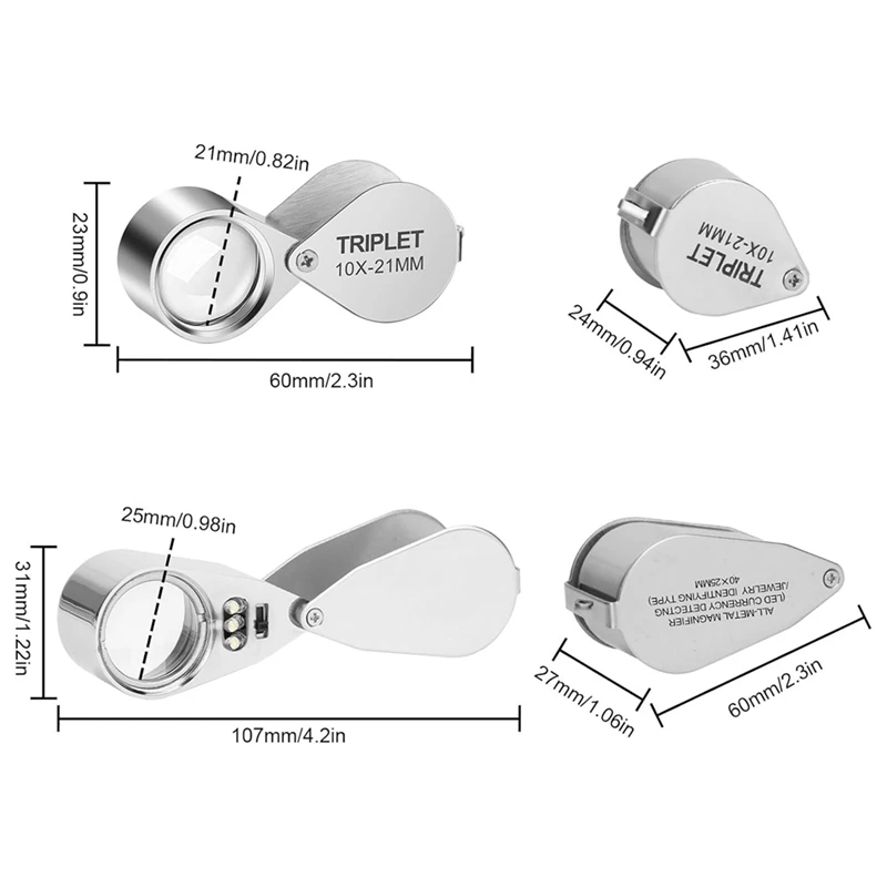 4 шт. ювелирная лупа с подсветкой 10X 20X 30X 40X цельнометаллические увеличительные