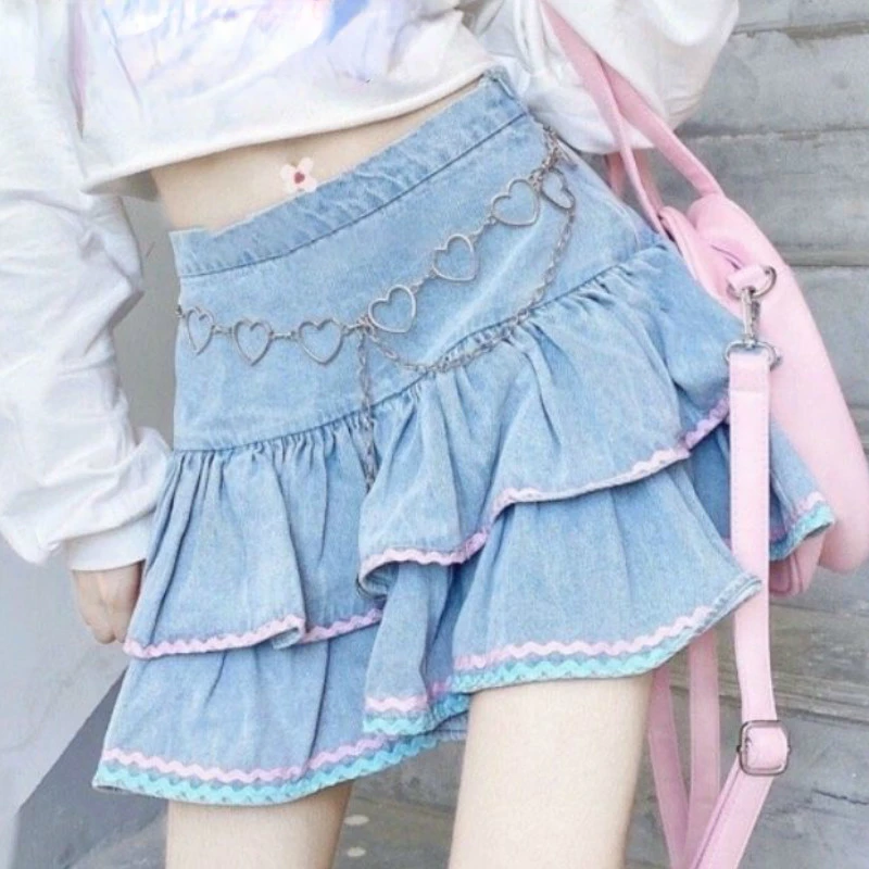 

Sweet Lolita Style Mini Skirts Women Harajuku Cute Preppy Style Jk Denim Skirt Japanese Girls Sexy Punk High Waist Tiered Skirt