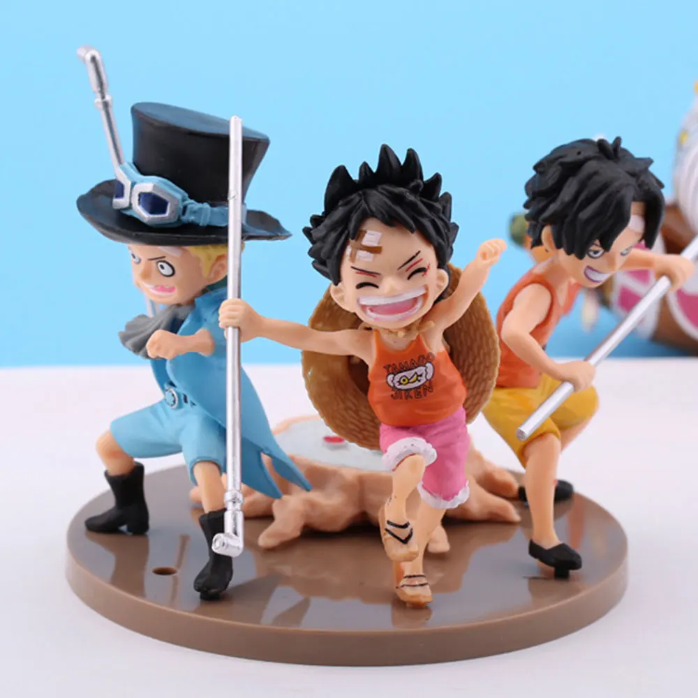 

9-10cm 3pcs/Lot One Piece Luffy Ace Sabo with Stick Weapoon Childhood PVC Action Figure Cartoon Model Toys Dolls Kids Gift
