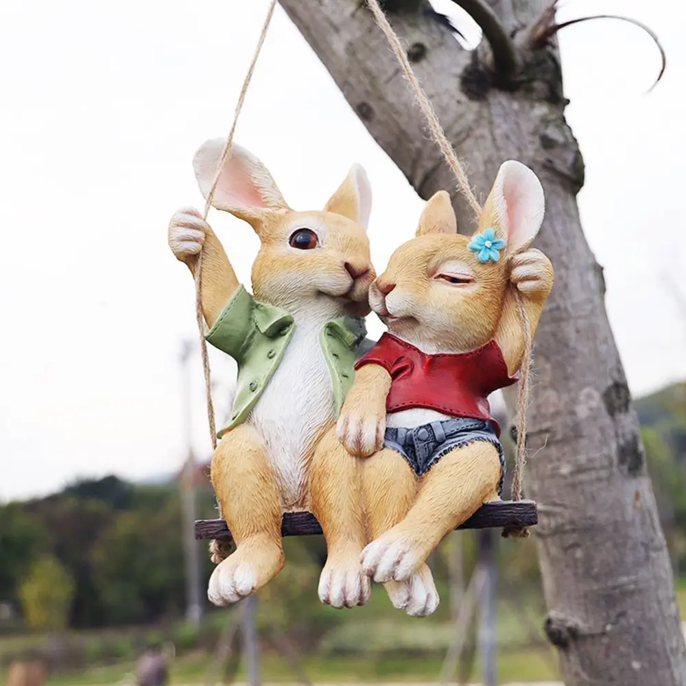 

Gift Resin Home Backyard Sculptures Tree Pendant Household Ornament Rabbit Statue Swing Rabbit Garden Decoration
