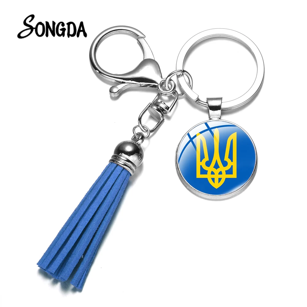 

Multicolor Trident Design Leather Tassel Keychain Unique Symbol 3D Print Glass Cabochon Charm Key Chain Accessories Jewelry Gift