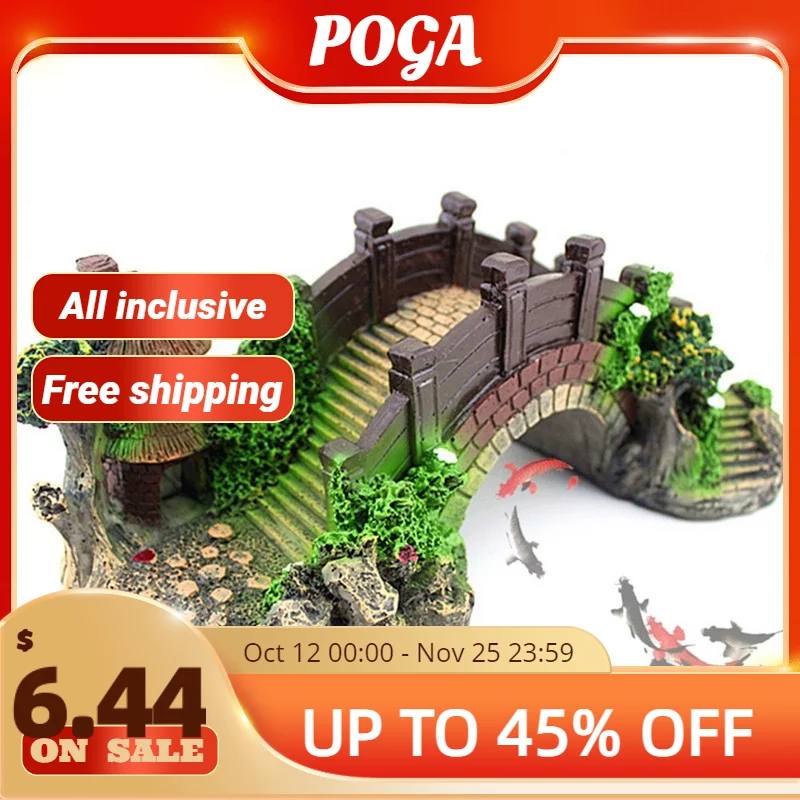 

Aquarium Fish Tank Vintage Decorative Bridge Landscape Ornaments Pavilion Tree Plants Resin Design Pet Supplies Home Decorations