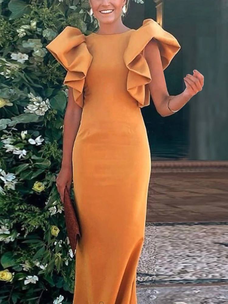 

Women Bodycon Dress Ruffles Sleeves O Neck Slim Party Sexy Sheath Occasion Event Evening Birthday Celebrity New African Female