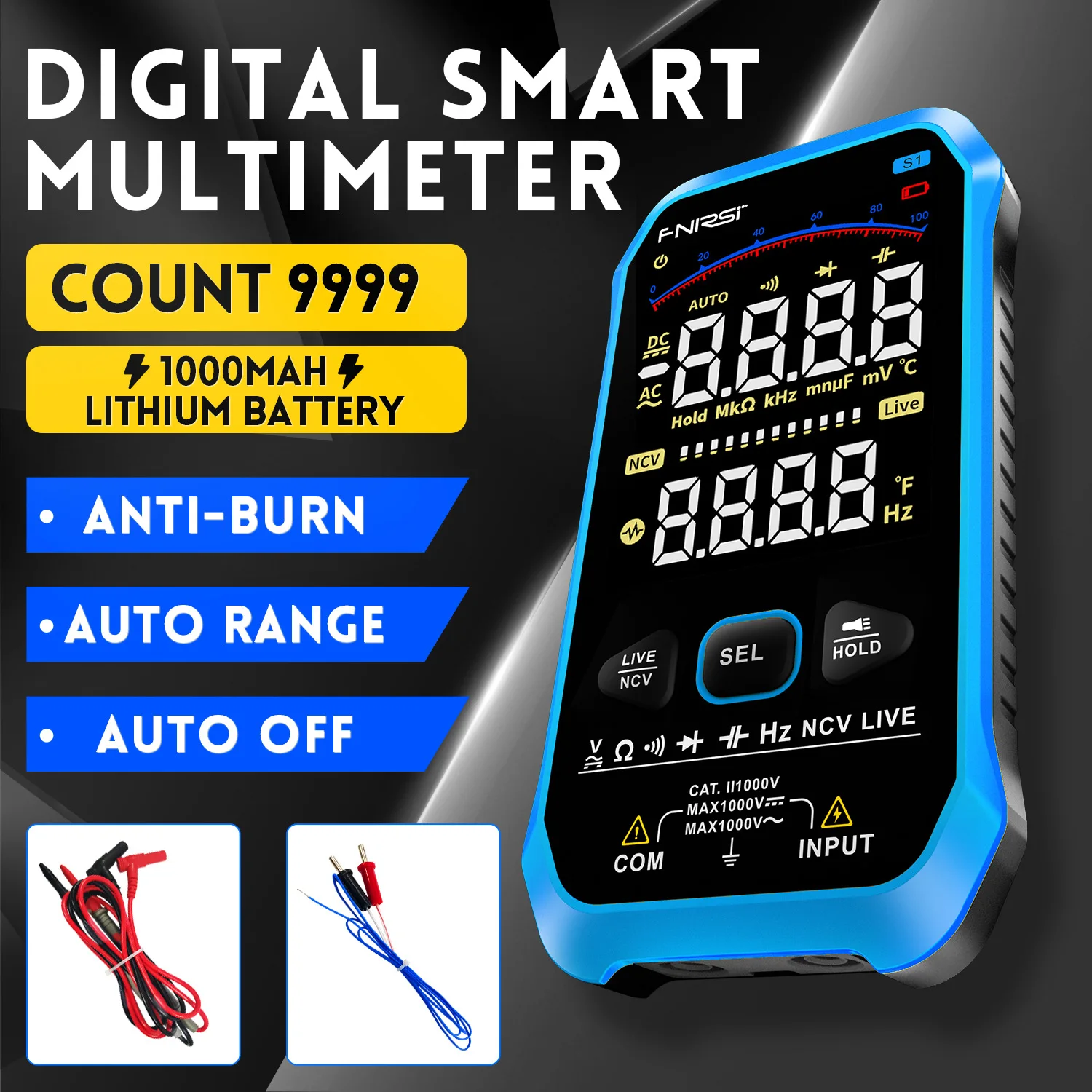 

FNIRSI S1 Smart Digital Multimeter 9999counts AC DC Voltage Resistance Capacitance Diode NCV Hz Live Wire Color Display Tester