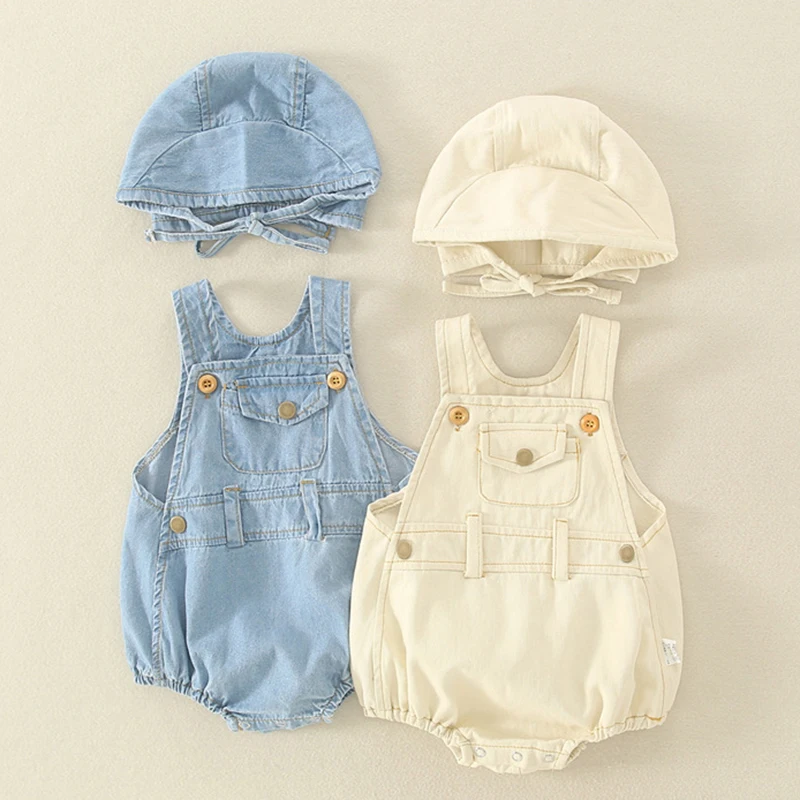 Summer Baby Boys Girls Clothes Korean Style Newborn Baby Sleeveless Cowboy Pocket Jumpsuit+Hat Infant Baby Boys Girls Bodysuits