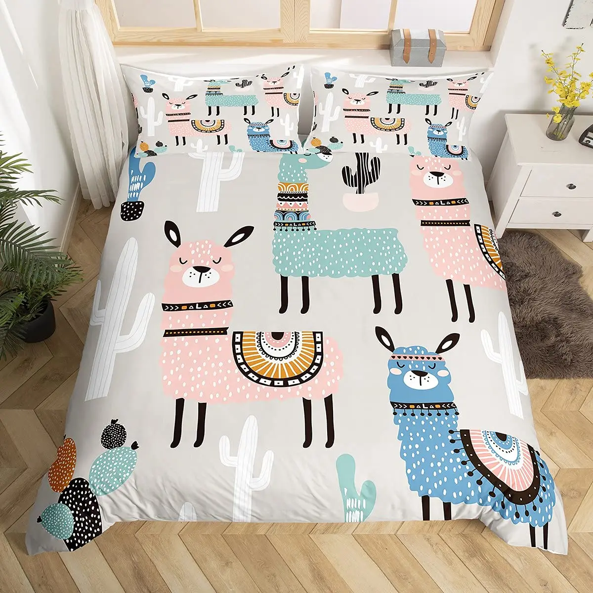 

Alpaca Duvet Cover Set,Cute Cartoon Cover King/Queen Size for Kids Teen,Green Botanical Animal Mountain Quilt Cover Comforter