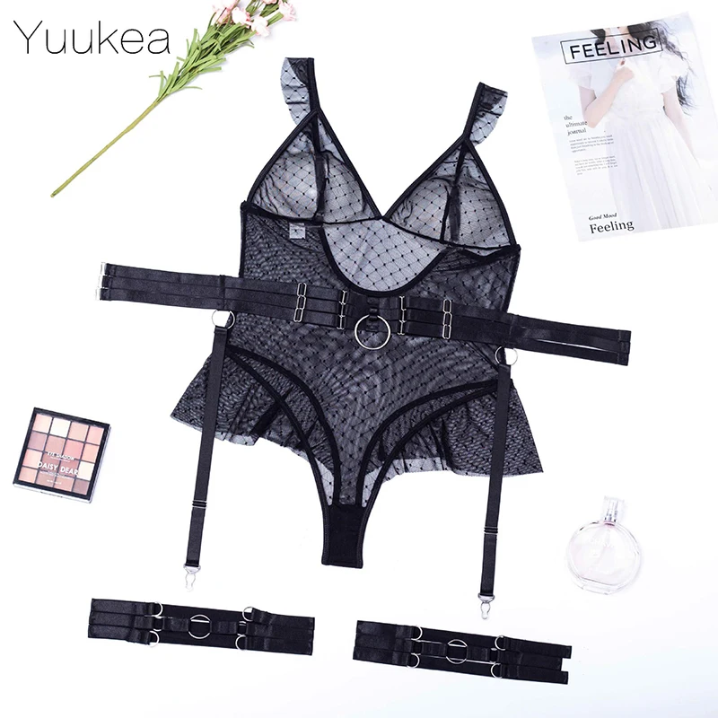 Сексуальное Сетчатое боди Yuukea в горошек женское черное прозрачное