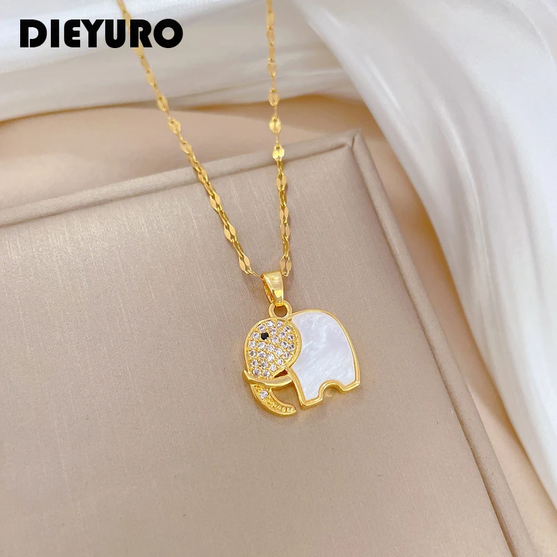 

DIEYURO 316L Stainless Steel Creative Cute Elephant Pendant Necklace For Women Girl Fashion Clavicle Chain Choker Jewelry Gift