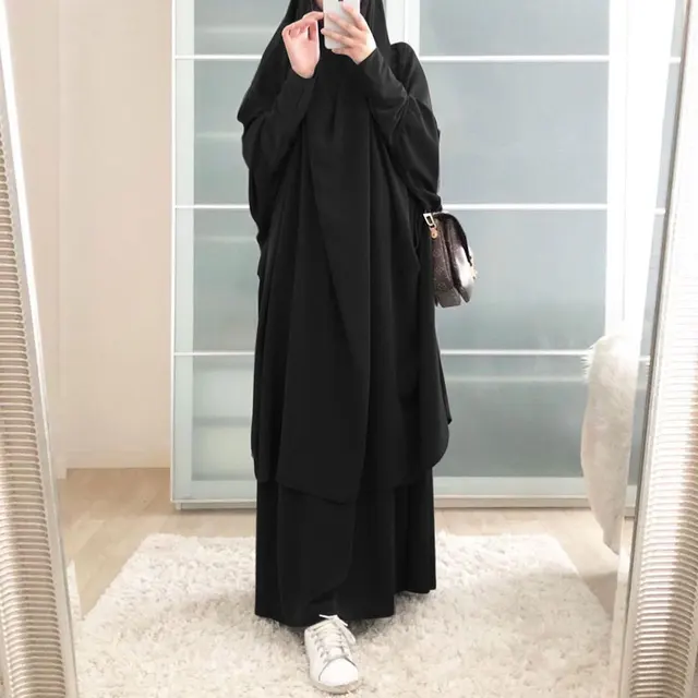 Muslim Sets Jilbab Abaya Dubai Clothes for Islam Women Large Hem Dresses Casual Solid Color Robe Traditional Festival Clothes 2