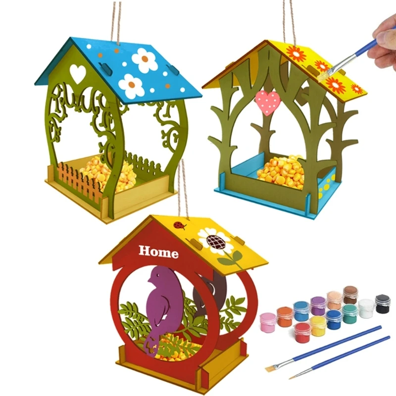 3 Pcs Bird Feeder, Parrot Seed Tray, Nest Birdhouse Unassembled DIY Hideouts Craft for Kid Build and Paint Toy