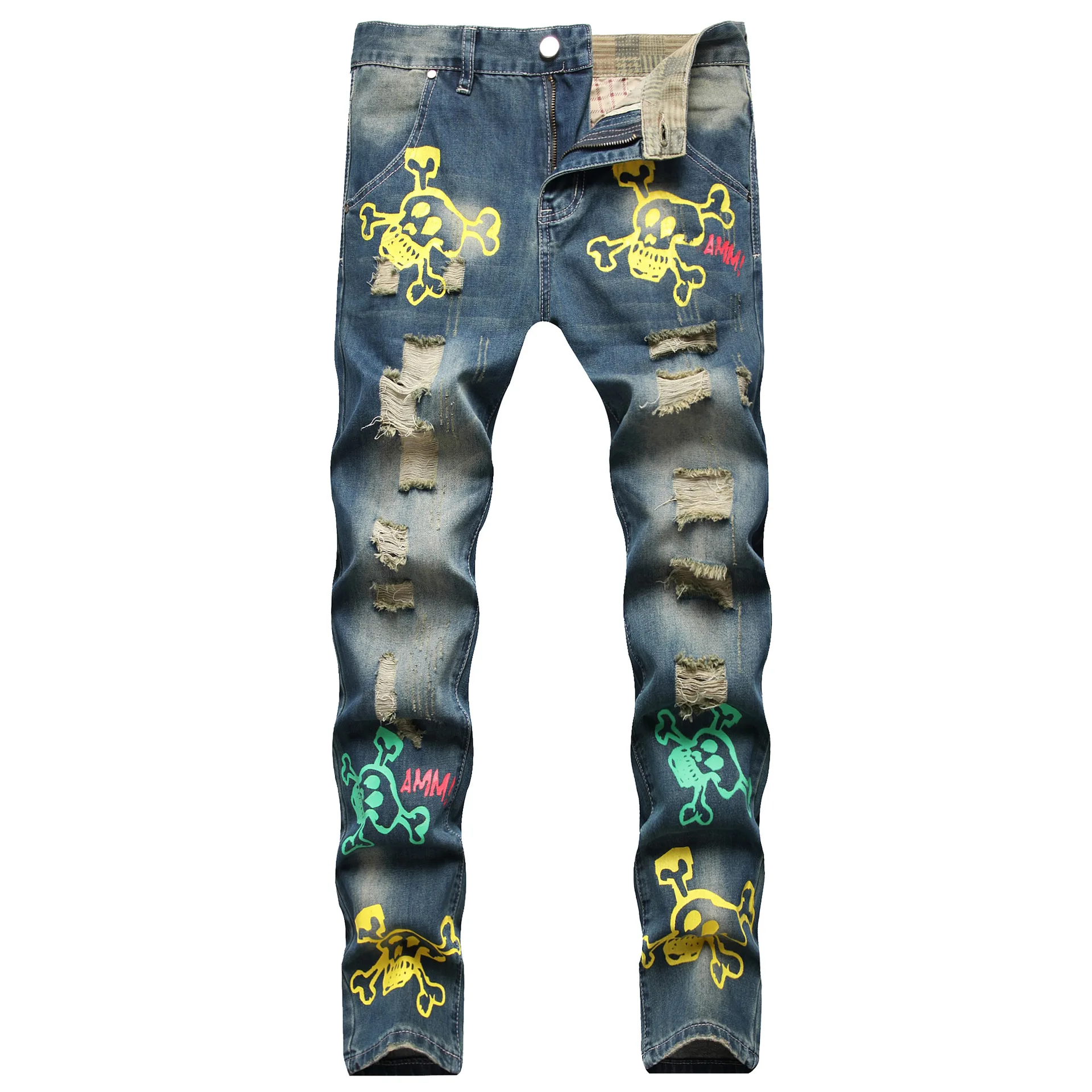 Mens New Fashion Ripped Beggar Jeans Vintage Skull Printed Mannen Jeans Slim Fit Stretch Man Casual Hole Denim Pants Ropa Hombre