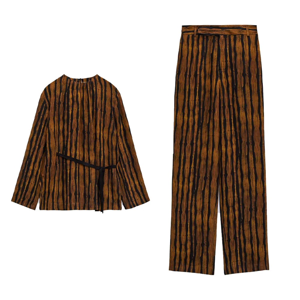 

Zach AiIsa Новый женский модный ретро полосатый топ на шнуровке с длинным рукавом + темпераментный Повседневный прямой Пижамный стиль брюки