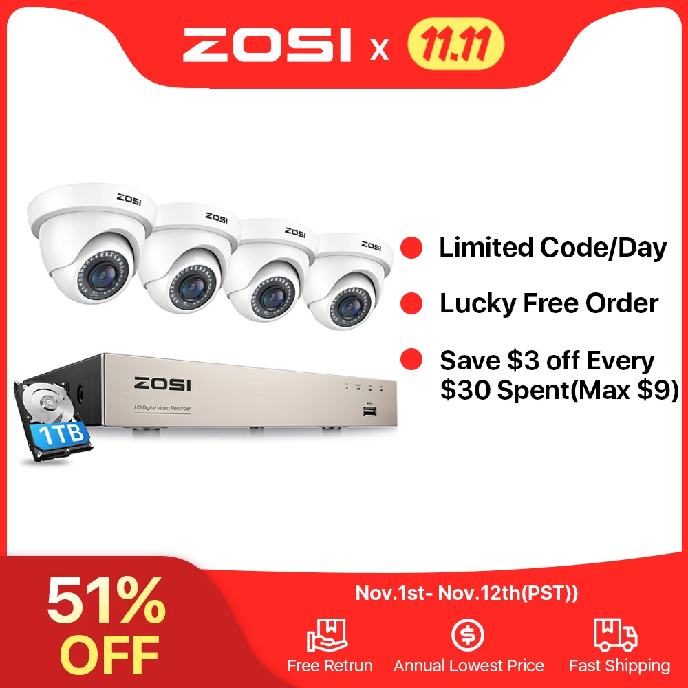 Купить ZOSI 8CH 1080P H.265 + система камер домашней безопасности, 5MP Lite 8-канальный CCTV DVR 4 шт. 2MP наружная домашняя камера видеонаблюдения