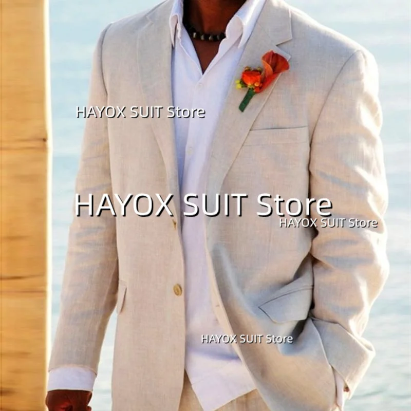 Men's Suits 2 Piece Linen Lapel Single Breasted Formal Men Blazer Set Bridegroom For Wedding (Jacket + Pants)