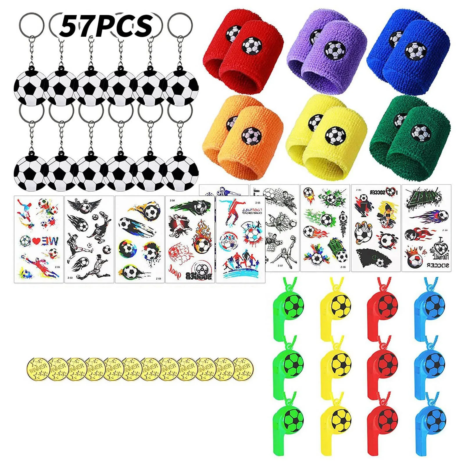 

57PC 2022 World Cup Soccer Party Gift Set Soccer Theme Party Soccer Toy Whistle Sticker Eraser Silicone Magnet Beads Balls
