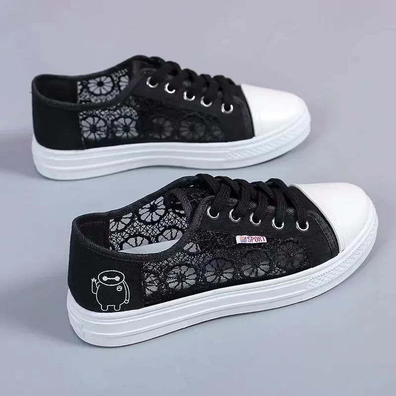 Summer New Women's Casual Board Shoes Lace Design Breathable Comfortable Non-slip Sole Office Student Mesh Flats