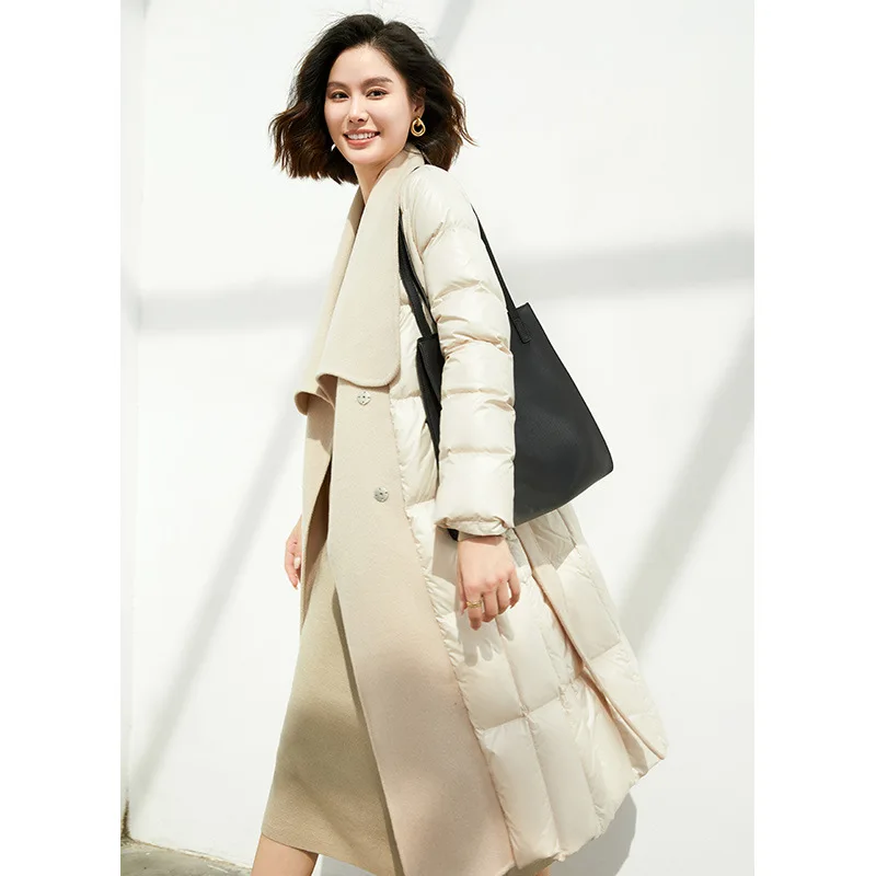 Long Down Jacket Double Faced Tweed Splicing Down Coat Coat 2022 Winter White Duck Down Warm Windproof Jacket