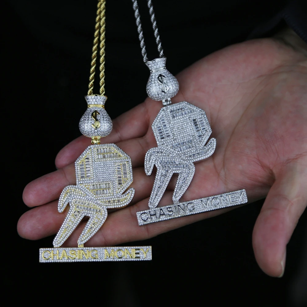 

Iced out Full cubic zircon paved people money pendant with gold silver plated rope chain long hip hop necklace jewelry for men