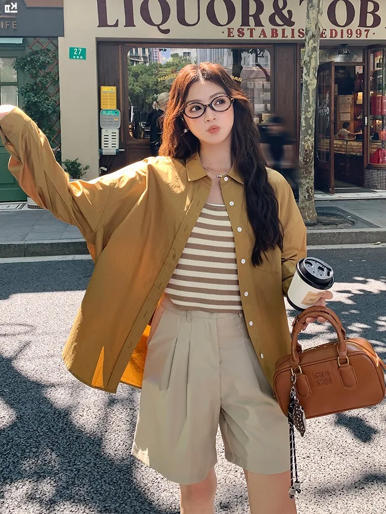 Популярные в этом году желтые рубашки из чистого хлопка женские весенне-осенние