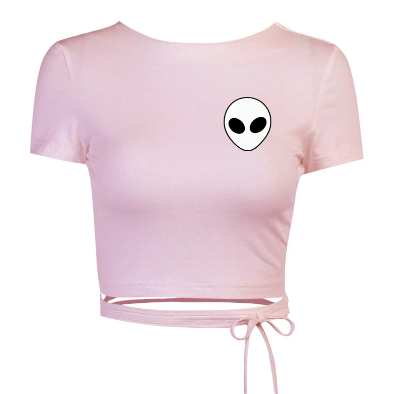 Женский короткий топ с принтом инопланетянина белая футболка открытой спиной и