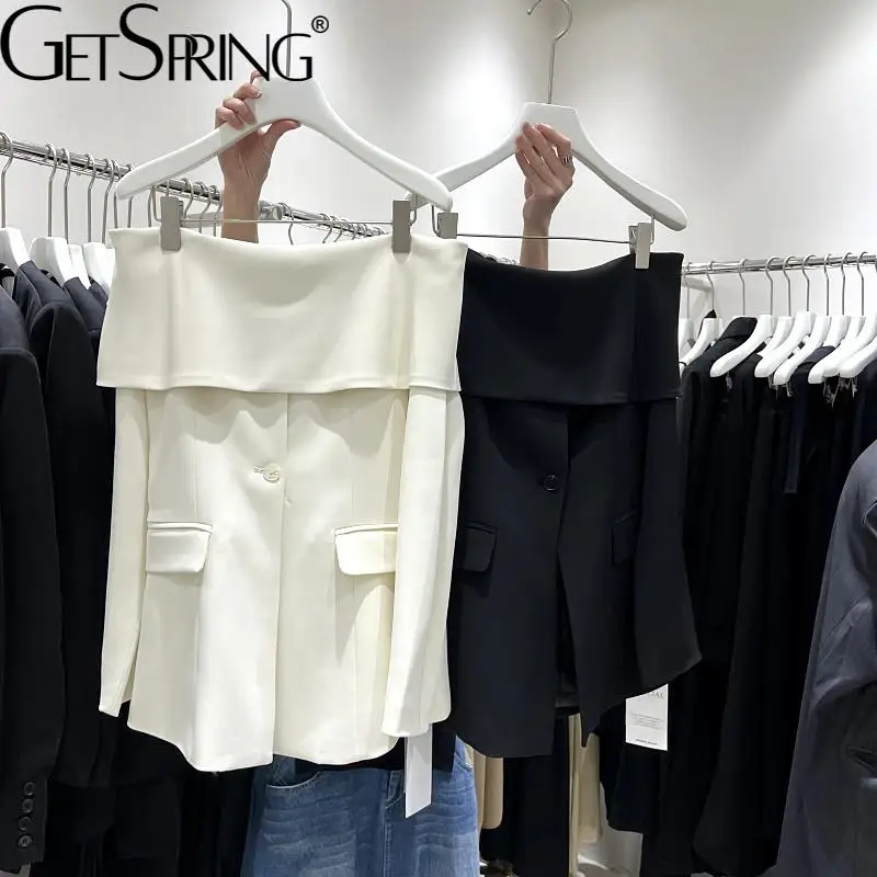 

GetSpring Women Blazer Slash Neck Off Shoulder Single Breasted Fashion Black White Suit Coat All Match Female Tops 2022 New