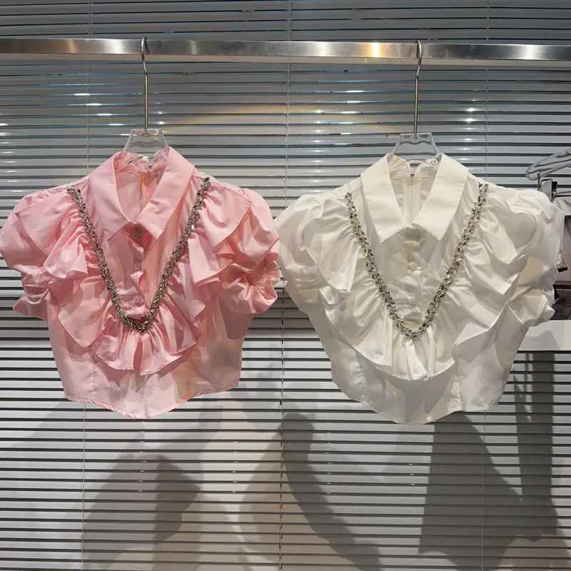 

Женская однотонная блузка BORVEMAYS, элегантная рубашка с отворотом и оборками, с коротким рукавом, модель WZ2918 на лето, 2023