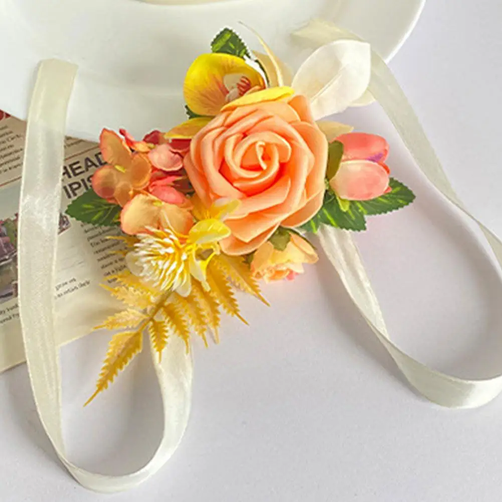 

Wrist Bouquet Delicate Adjustable Strap Fabric Chic Wedding Accessory Handmade Rose Wrist Flower for Bridesmaids