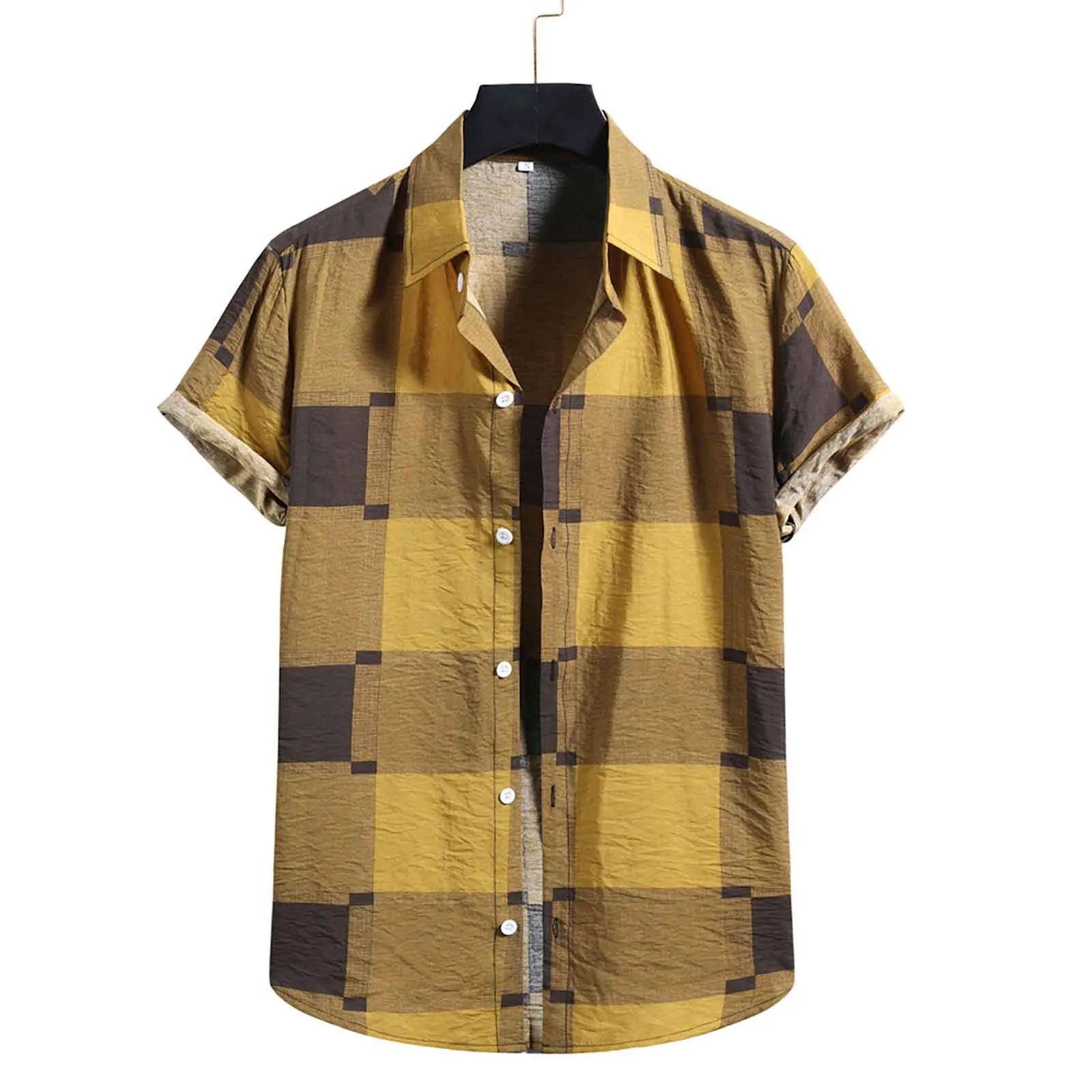

Рубашка мужская с коротким рукавом, модная блузка из хлопка и льна, с принтом в клетку, на пуговицах, топ для подростков, летние блузки
