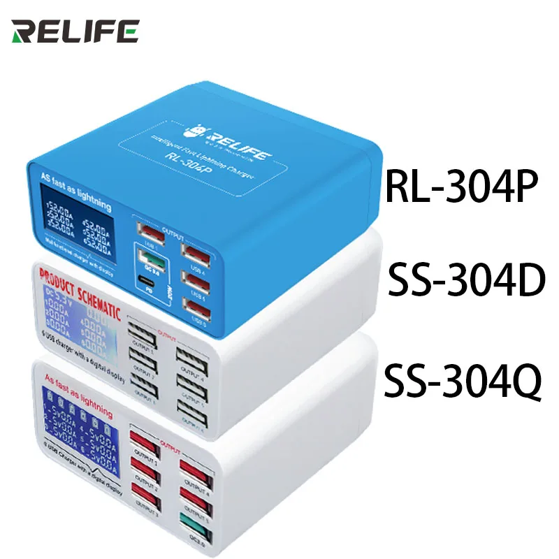 

RELIFE RL-304P SS-304D SS-304Q Smart 6 Port USB Digital Display Lightning Charger for IPhone Samsung Huawei Vivo Opop XiaoMI