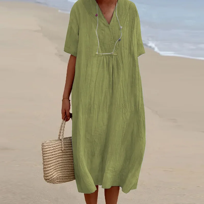 

Женское пляжное платье с коротким рукавом, новое летнее однотонное платье из хлопка и льна, модное простое Свободное длинное платье в стиле пэчворк с V-образным вырезом