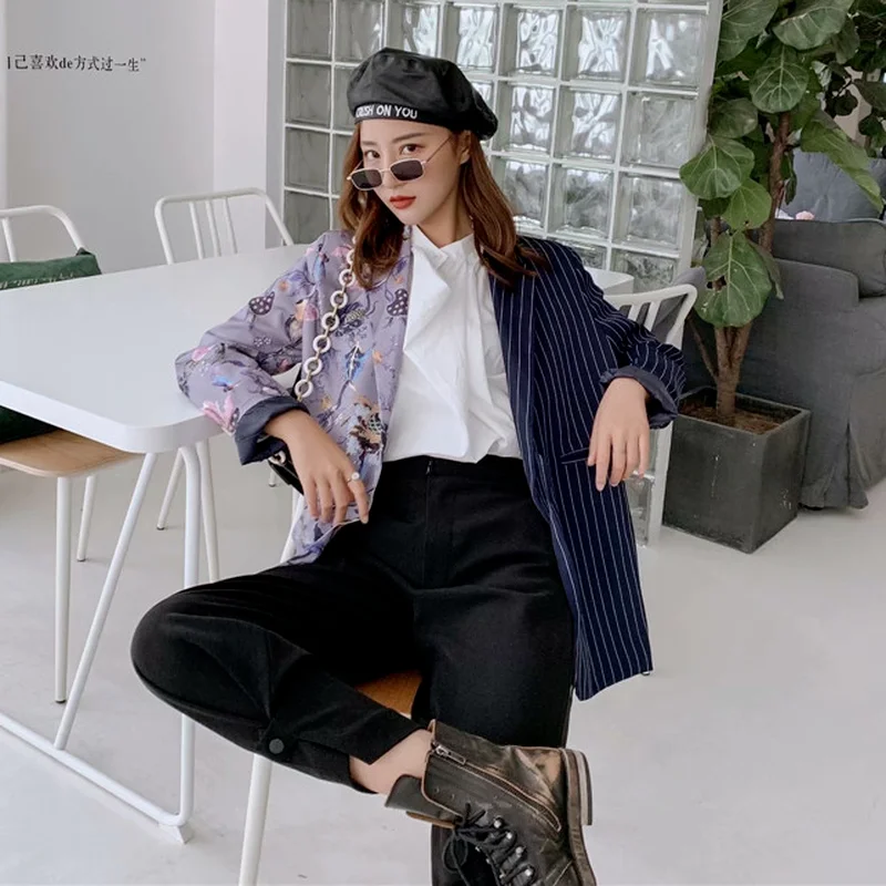 Striped and Floral Blazer with Bandage 2021 Women Fashion Buttonless Patchwork Lace Up Casual Office Blazer Suit with Free Belt