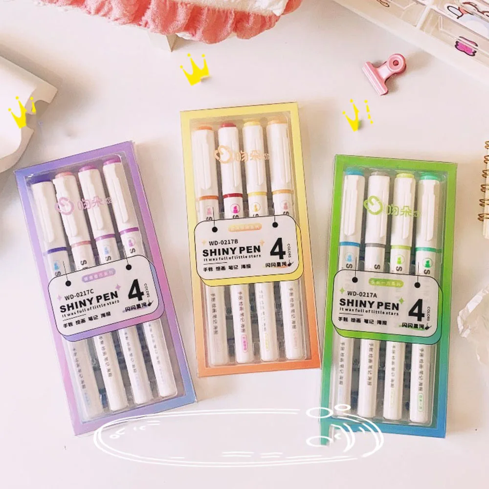 

Набор блестящих маркеров-хайлайтеров, 4 цвета/коробка, флуоресцентные маркеры, ручки, художественные маркеры, японские милые школьные Канцтовары